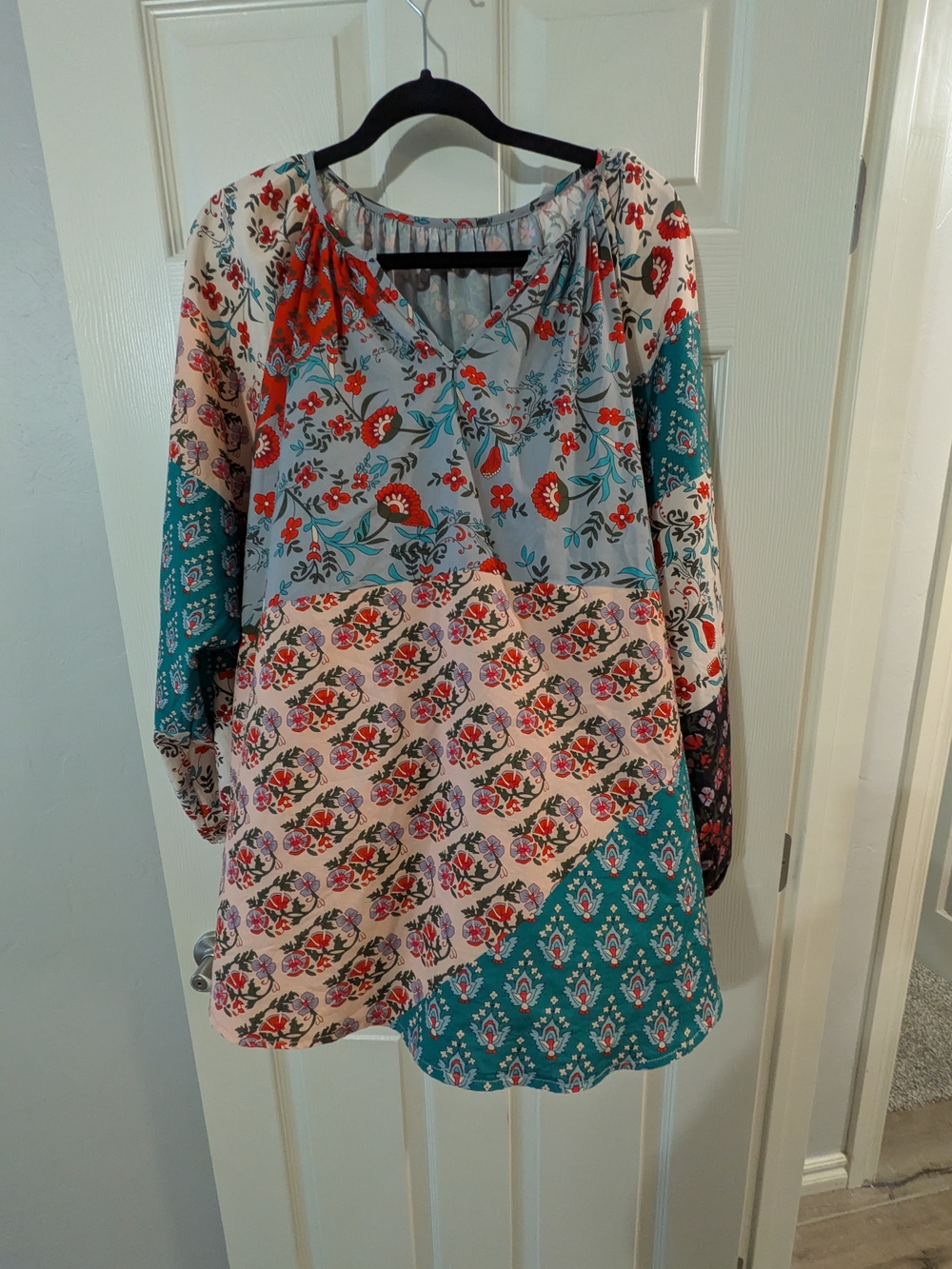 Amazon Women's Long-Sleeve Floral Patchwork Dress - Teal, Cream, Red